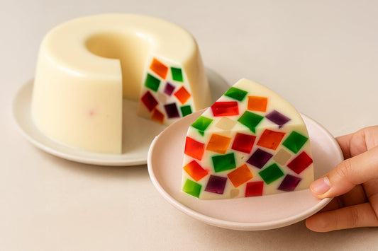 Round gelatin dessert with a creamy base and colorful jelly cubes inside, with a slice served on a small plate.