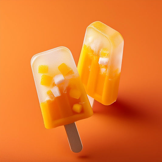 Two mango popsicles with coconut jelly cubes on an orange background, showing bright and refreshing colors.