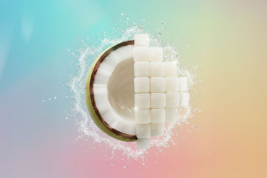 Fresh coconut half with nata de coco cubes splashing in coconut water on a pastel gradient background.