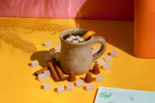 Steaming Café de Olla topped with Jubes nata de coco cubes, surrounded by cinnamon and brown sugar on a yellow backdrop.