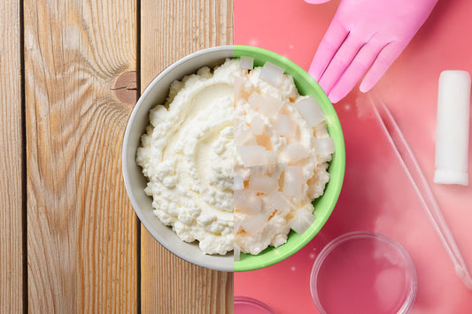 Split-screen image showing a bowl of plain cottage cheese on the left and cottage cheese topped with nata de coco cubes on the right.
