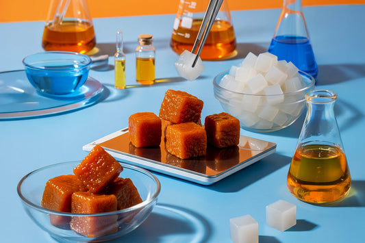 Laboratory setting showing Jubes nata de coco cubes alongside caramel-colored samples and scientific glassware, symbolizing food innovation and quality research.