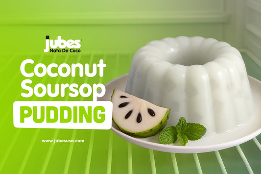 White soursop pudding on a plate, garnished with soursop slice and mint leaves, placed inside a refrigerator.
