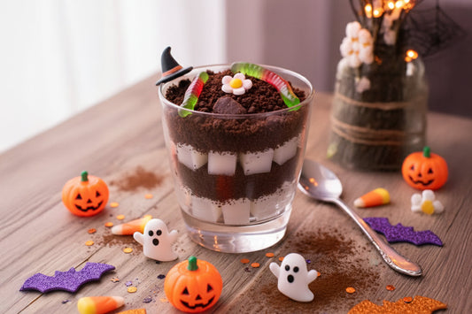 Halloween dessert cup with nata de coco cubes, chocolate crumbs, and gummy worms surrounded by spooky decorations.