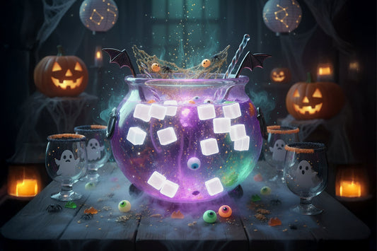 Glowing Halloween punch bowl with nata de coco cubes, spooky lights, and jack-o’-lanterns in the background.
