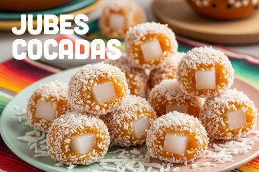 Plate of round Cocadas candies coated in shredded coconut with visible cubes of coconut jelly inside, with text that reads 'Jubes Cocadas'.