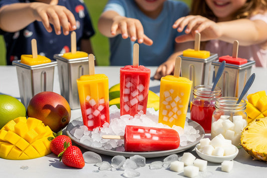 Colorful paletas with Jubes nata de coco cubes on ice, surrounded by fresh mango and strawberries, with children reaching for popsicles.