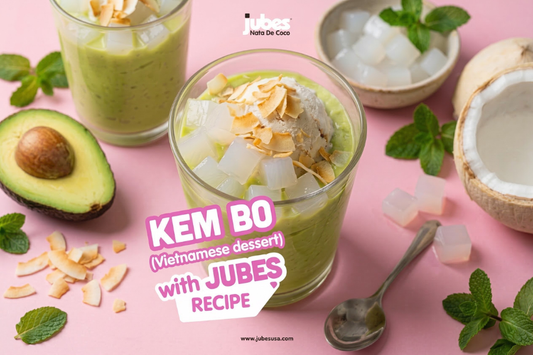 Glass of smashed coconut, Kem Bo. Topped with Jubes Nata de Coco and coconut flakes