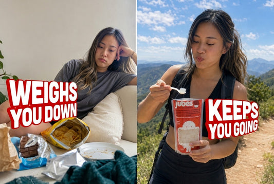 Split image: a tired woman surrounded by chip bags and chocolate wrappers labeled Weighs You Down, next to her hiking and eating Jubes on a trail.