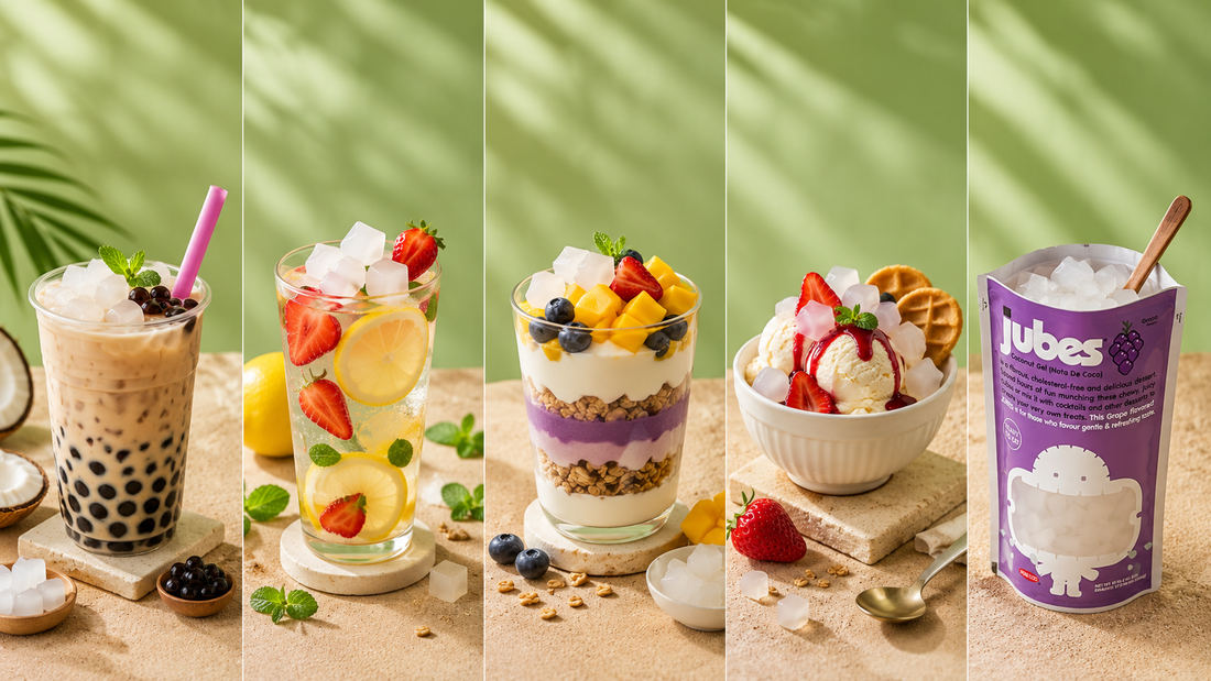 A collage showing five different ways to use Nata De Coco jelly in various drinks and desserts, alongside a purple pouch of Jubes grape jelly