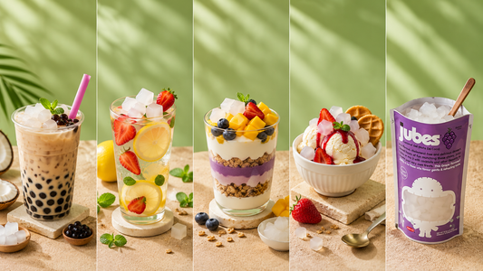 A collage showing five different ways to use Nata De Coco jelly in various drinks and desserts, alongside a purple pouch of Jubes grape jelly