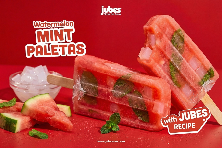 two sticks of watermelon ice cream filled with mint and coconut gel Jubes Nata de Coco