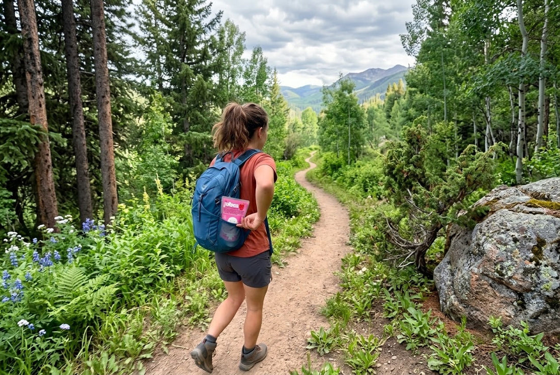 Hiker walking a forest trail with mountains ahead, a pink Jubes Strawberry pouch tucked in her blue backpack's side pocket.