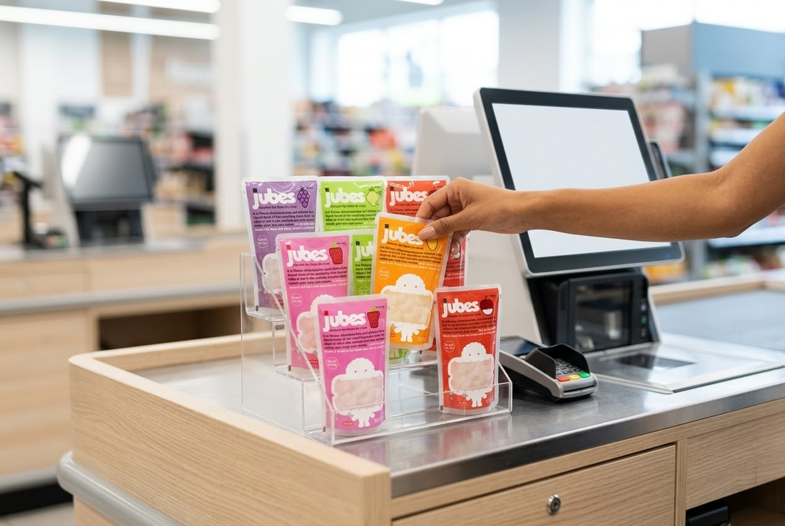 A shopper picks a Jubes Nata De Coco pouch from a colorful checkout counter display beside a point-of-sale terminal.