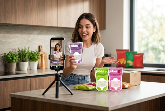 A creator films herself with a phone tripod holding a Jubes pouch tagged Shop Now, with more Jubes flavors and snacks on the counter.