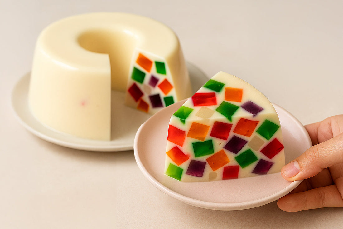 Round gelatin dessert with a creamy base and colorful jelly cubes inside, with a slice served on a small plate.