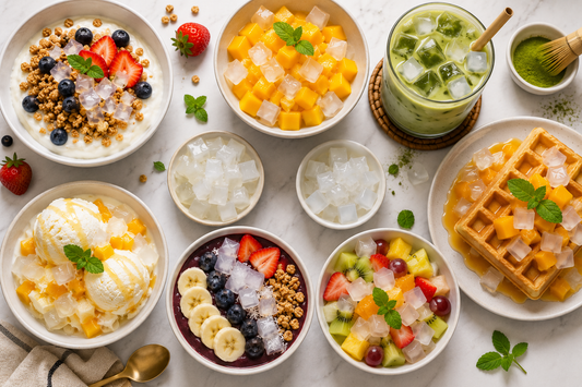 six desserts arranged on a light marble table, each topped with translucent nata de coco cubes, including yogurt bowls, vanilla ice cream, iced matcha latte, acai bowl, fruit salad, and waffles