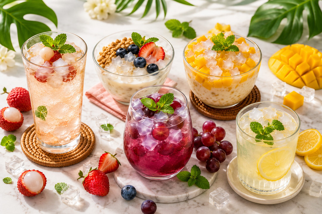 five chilled summer recipes made with Jubes nata de coco coconut jelly cubes, including colorful drinks and desserts arranged on a bright clean table