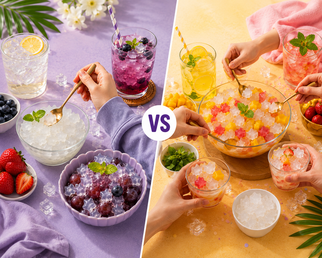 Split overhead food scene showing two snacking styles with Jubes nata de coco coconut jelly cubes