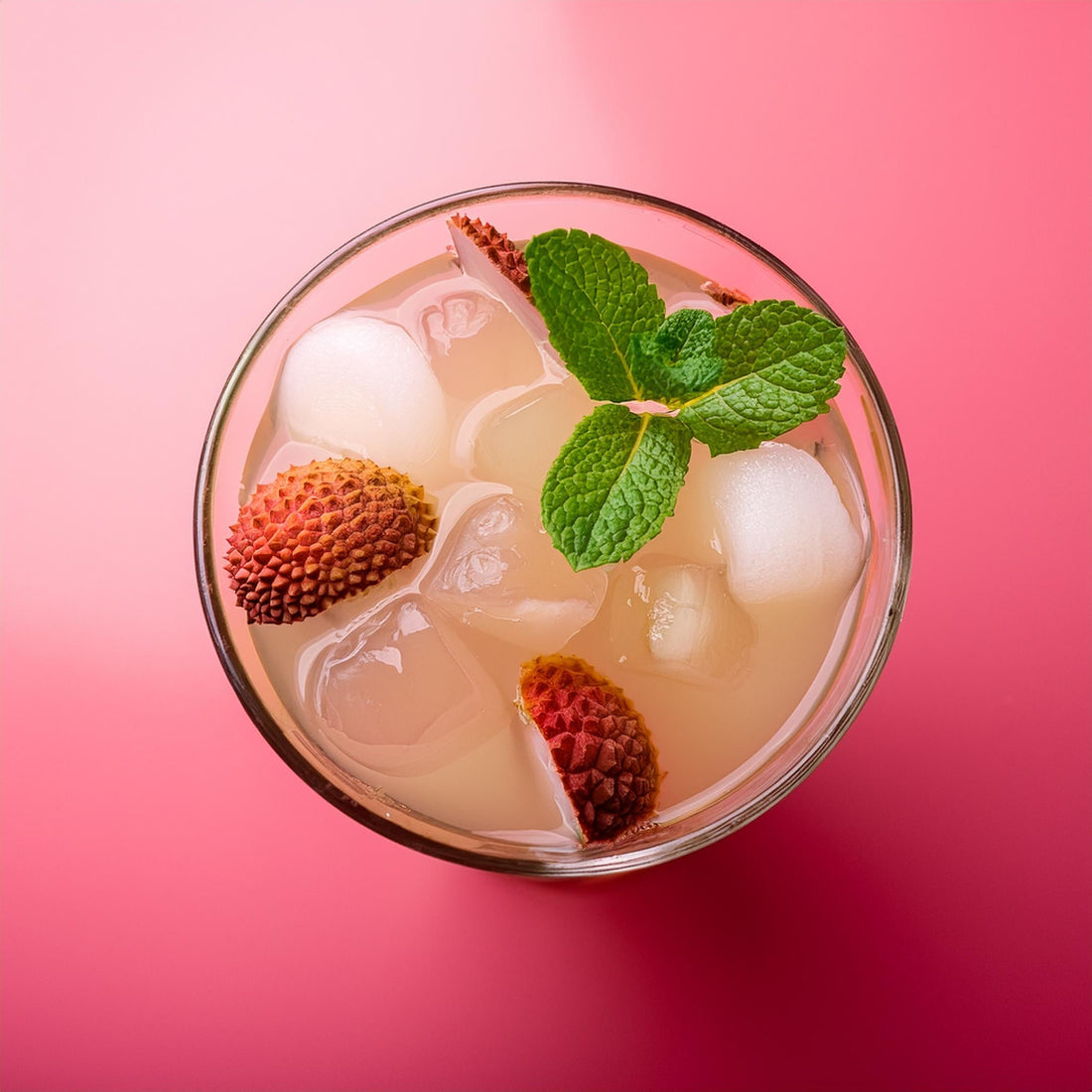 Top view of lychee mojito with ice cubes, fresh lychee fruit, nata de coco, and mint leaves in a glass on a pink background.
