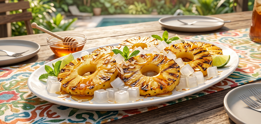 Grilled pineapple rings on a plate with honey, ice cubes, and mint garnish on an outdoor table.