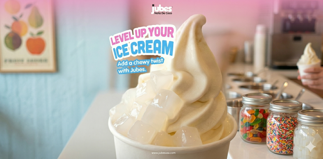 Cup of Soft Serve Vanilla Flavored Ice Cream topped with Jubes Nata de Coco on an ice cream parlor counter