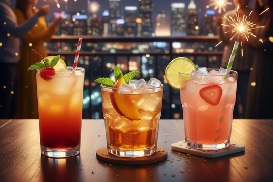 Colorful cocktails with nata de coco cubes and fresh fruit, served on a rooftop with city skyline at night.