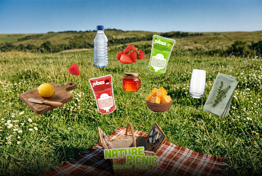 A fresh picnic scene with a basket and blanket in a grassy field, featuring floating items like Jubes nata de coco, fruits, water, honey, and a glass, labeled “Nature Picnic Starter Pack.”