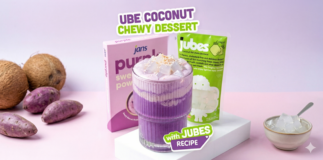 Glass of Sweet Purple Ube Coconut Chewy Dessert Drinks with Jubes Nata de Coco and Jans Purple Sweet Potato Powder