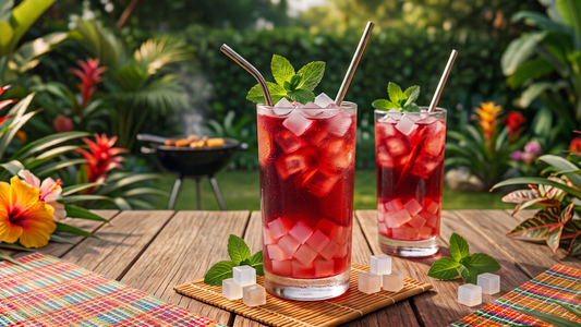Two tall glasses of iced red hibiscus tea with nata de coco cubes at the bottom, garnished with mint leaves, sitting on a wooden outdoor table surrounded by tropical flowers.