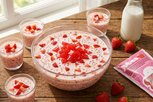 large glass bowl and several small serving glasses filled with creamy pink strawberry sago dessert mixed with tapioca pearls and topped with diced fresh strawberries.