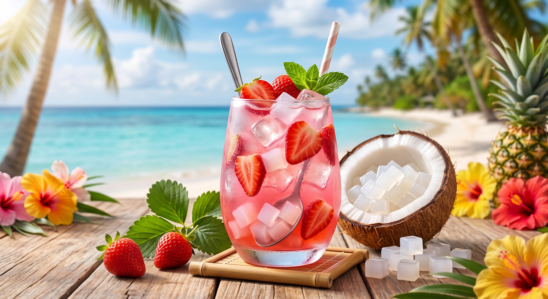 A glass of iced pink drink with sliced strawberries and coconut jelly cubes on a tropical beach table.