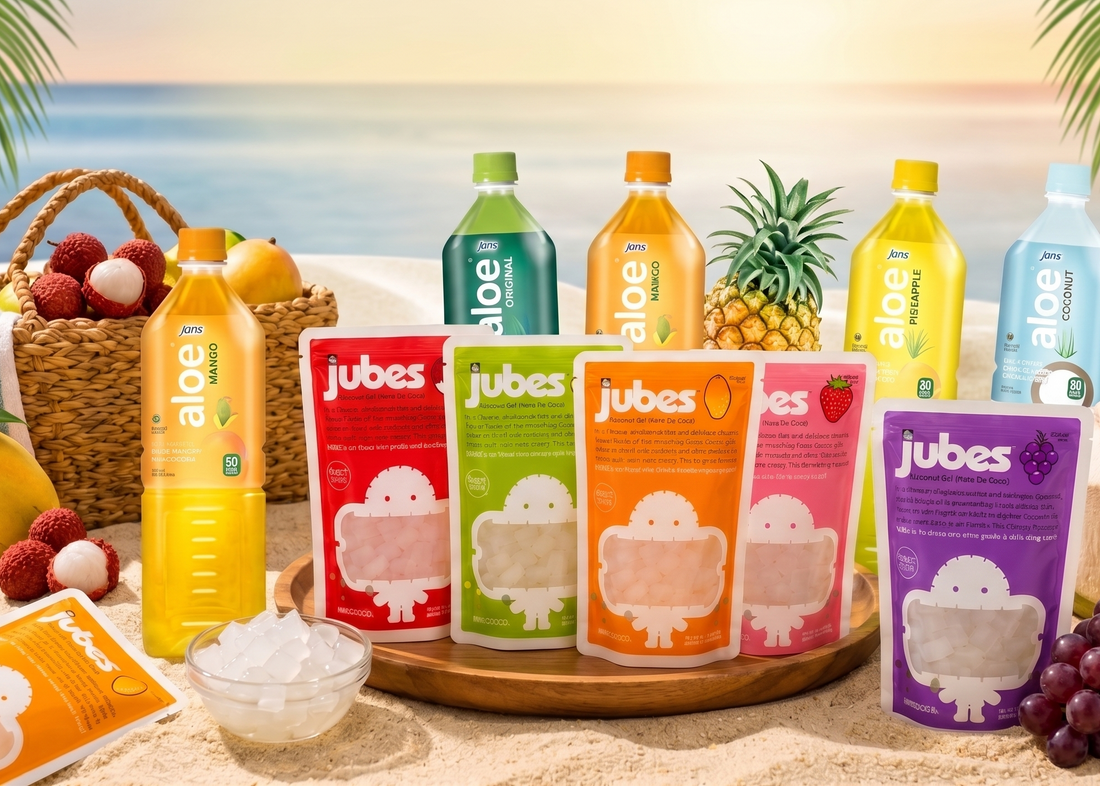 ice and colorful Jubes nata de coco coconut jelly cubes, surrounded by assorted Jubes pouches and aloe vera bottles on a bright summer background.