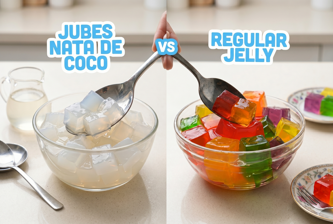 Side-by-side comparison of Jubes nata de coco and regular jelly, showing translucent chewy coconut cubes on the left and colorful soft jelly cubes on the right, each held on a spoon above glass bowls.