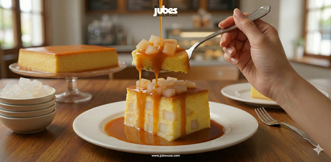 A hand holding a silver spoon lifts a bite of caramel flan cake topped with jelly cubes. Golden caramel sauce is drizzled over the spoonful and a square slice of cake on a white plate.