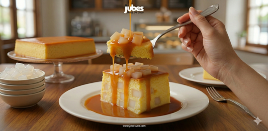 A hand holding a silver spoon lifts a bite of caramel flan cake topped with jelly cubes. Golden caramel sauce is drizzled over the spoonful and a square slice of cake on a white plate.