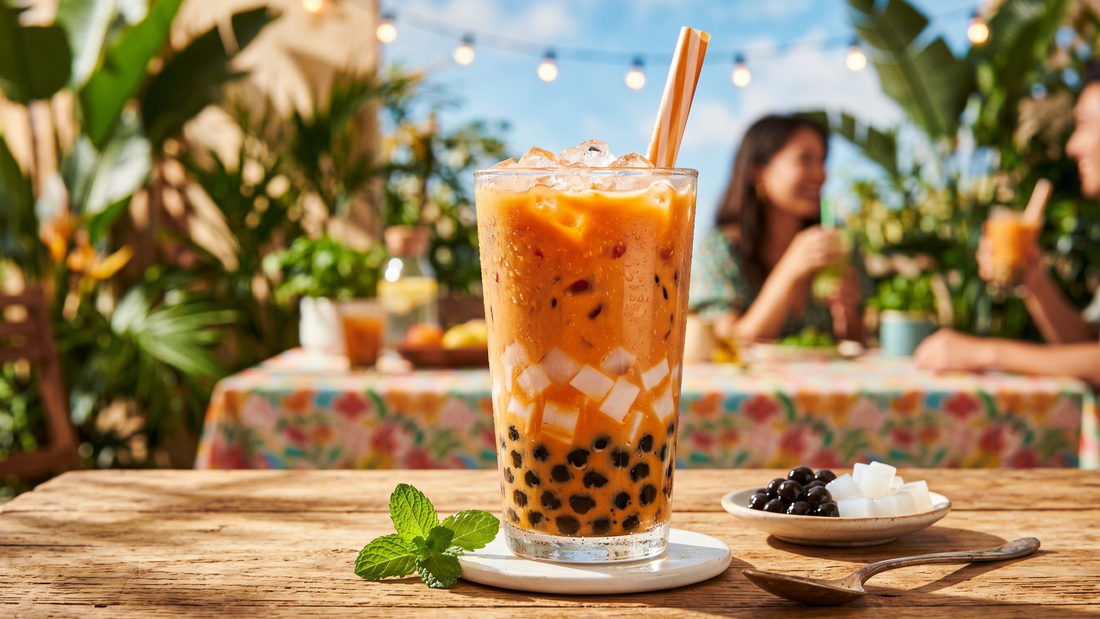 A tall, iced glass of layered Thai milk tea sits on a rustic wooden table in a sunlit outdoor café. The drink is layered with dark tapioca pearls at the bottom, translucent Nata de Coco cubes in the middle, and creamy orange tea on top.