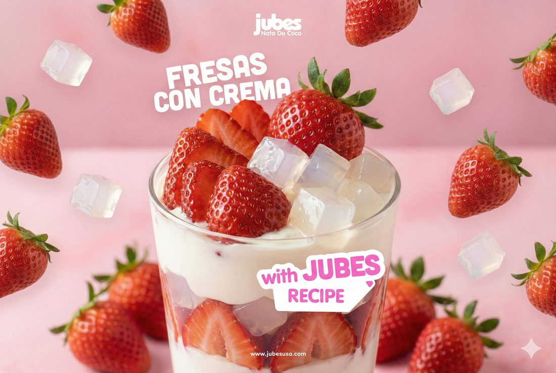 Fresas con crema dessert made with strawberries, cream, and Jubes nata de coco.