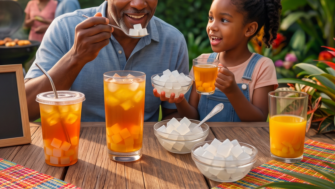An older man smiling as he tastes a coconut jelly cube from a spoon, sitting next to a young girl holding a cup at an outdoor Father's Day barbecue.