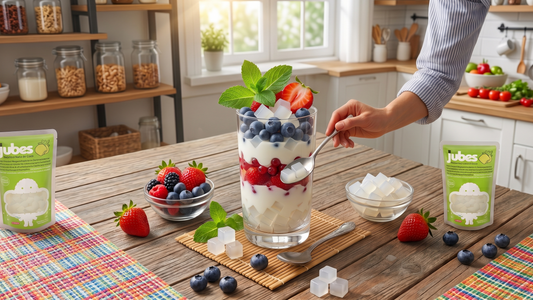 large glass of multi-layered parfait filled with yogurt, red and blue berries, and similar cubes.