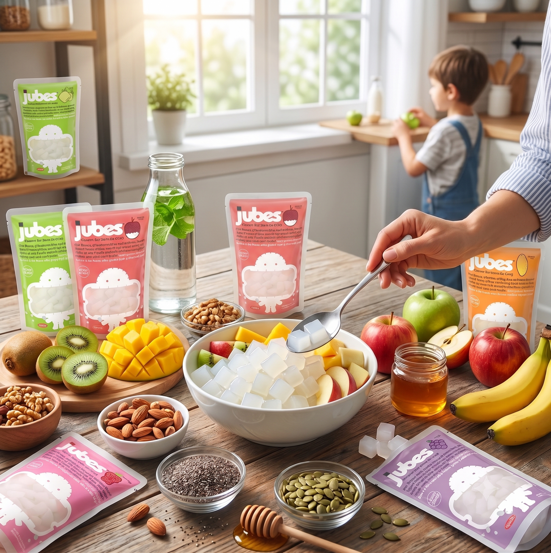 A person's hand uses a spoon to scoop up a jelly cube, surrounded by various Jubes snack pouches, fresh fruits like mango, kiwi, apples, and bananas, and bowls of nuts and seeds.