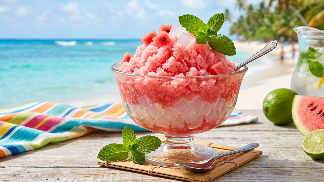 A large glass bowl filled with vibrant pink watermelon granita sits on a rustic wooden table, layered over clear coconut jelly cubes and topped with fresh mint.