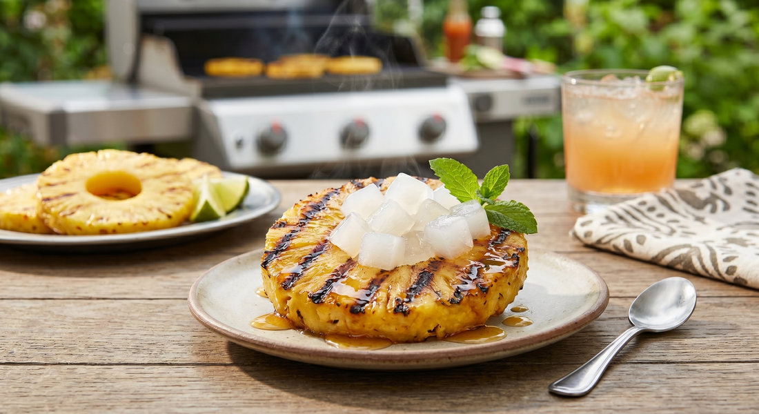 Grilled pineapple slices topped with chilled Jubes nata de coco coconut jelly cubes and honey glaze, served as a tropical summer BBQ dessert with caramelized grill marks and fresh mint garnish.