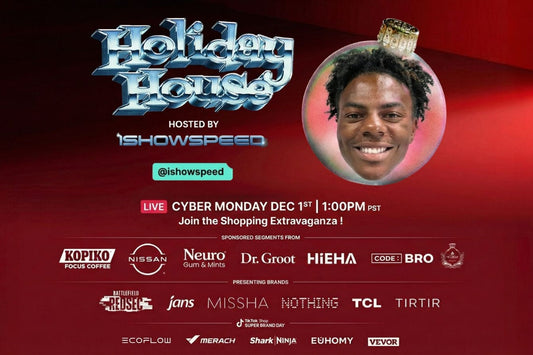 Holiday House event hosted by IShowSpeed on Cyber Monday, featuring brands like Jans, Kopiko, Nissan, and TCL.