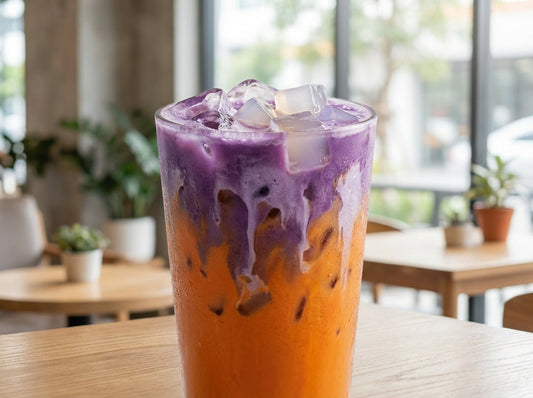 glass of iced Thai tea layered with creamy purple ube milk, topped with jubes nata de coco and ice cubes on a café table