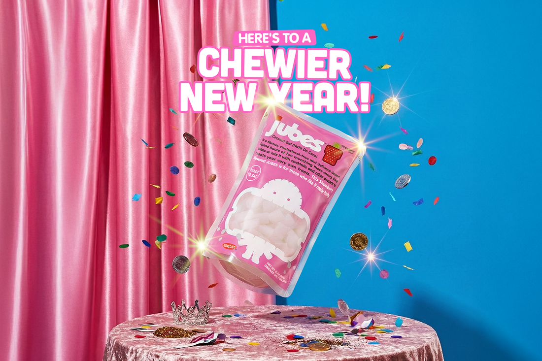 Jubes nata de coco pouch celebrating the New Year with confetti and festive background.