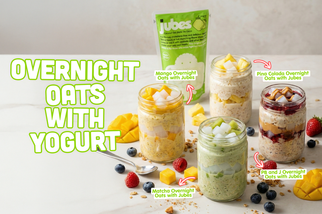 Overnight oats with yogurt and Jubes nata de coco in multiple flavors served in glass jars.
