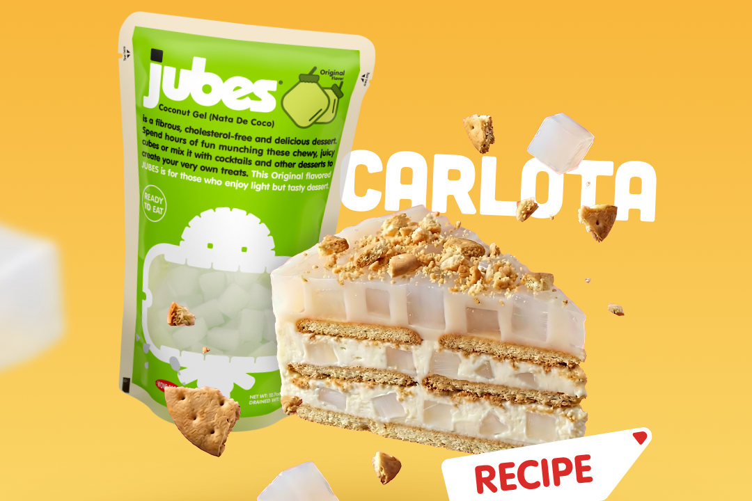 Carlota dessert made with layers of cream, biscuits, and Jubes nata de coco cubes, shown with a Jubes coconut gel pouch on a yellow background.