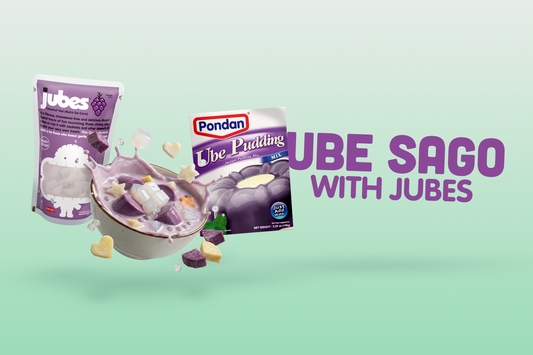 Ube sago dessert made with Jubes nata de coco and Pondan ube pudding mix.