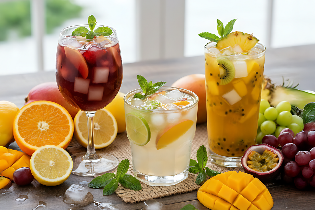 Three refreshing fruit drinks with nata de coco cubes, garnished with mint and fresh tropical fruits on a wooden table.